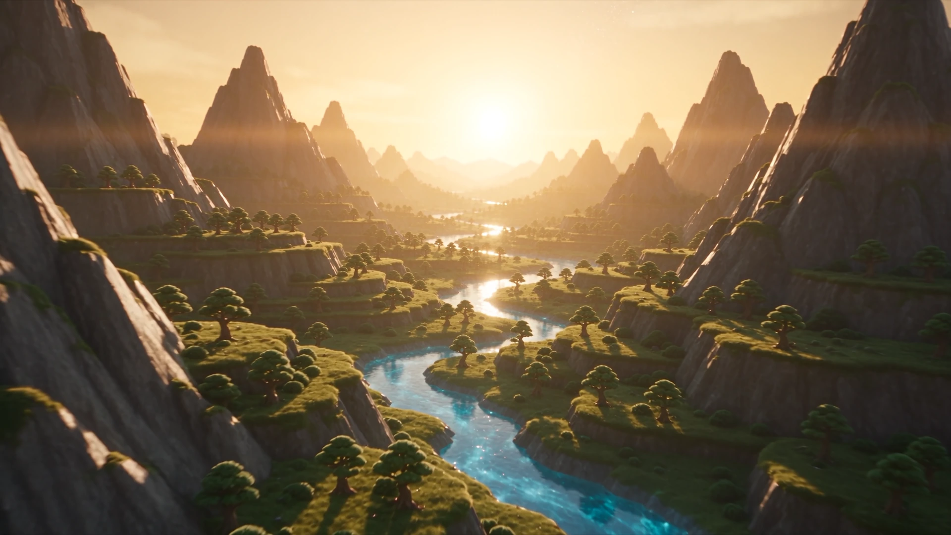 Un valle imaginario con montañas y un río azul, escena creativa de ARKA ONE